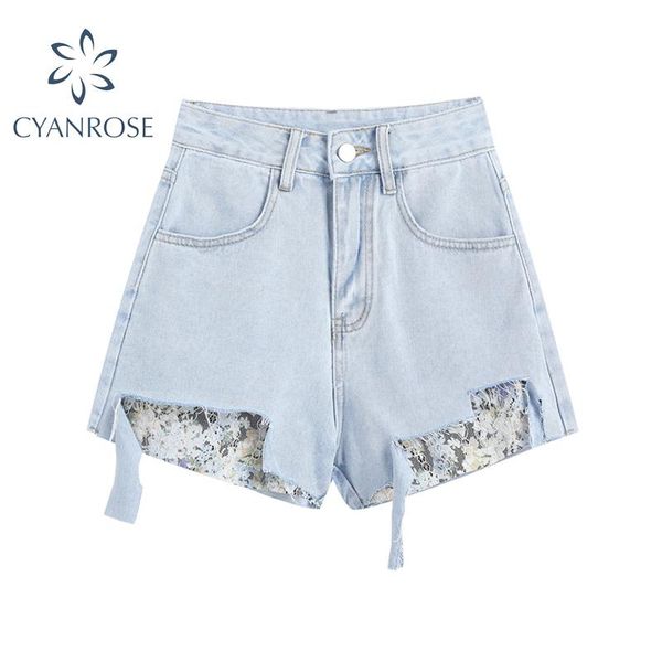 

women's shorts high waist rough edges and hole denim summer 2021 print patchwork streetwear washed casual ladies jeans, White;black