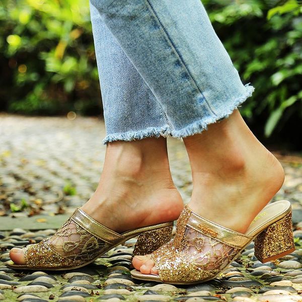 

2021 glitter mesh gladiator sandals women summer fashion peep toe casual slippers thick heel women shoes slip on big sizes 43, Black