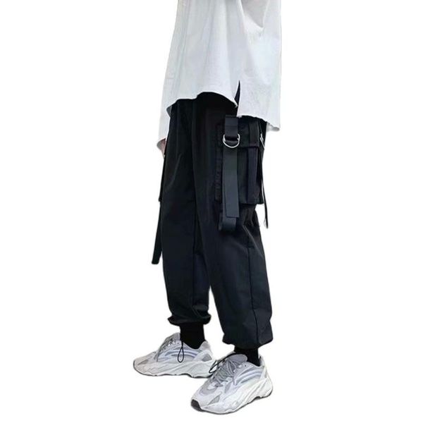 

men's pants fashion japanese harajuku streetwear cargo for men ribbon pockets joggers techwear men's trousers hip hop 2021, Black