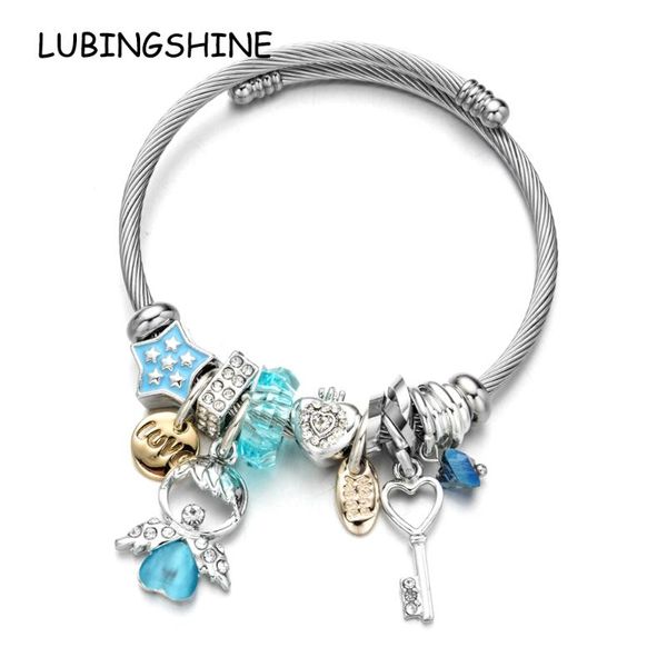 

charm bracelets angel key charms for women girl heart crystal bead stainless steel adjustable open cuff wire cable bangles diy jewelry, Golden;silver