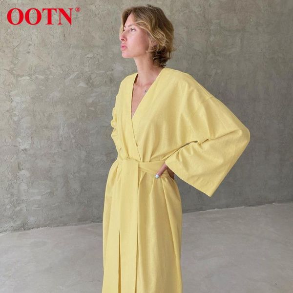

casual dresses ootn yellow cotton linen v-neck a-line long dress women loose lace up mid-calf woman clothes chic elegant lady 2021, Black;gray