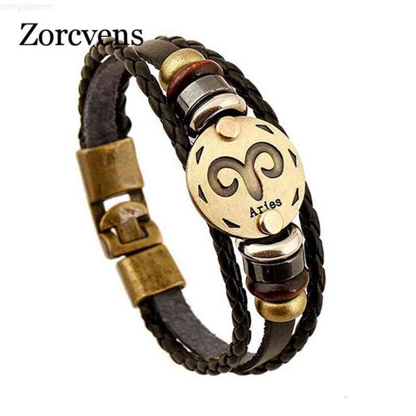 

zorcvens 12 constellations fashion jewelry leather men casual personality zodiac signs punk bracelet, Red;brown