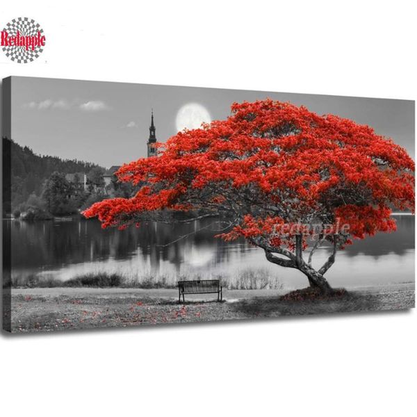

diamond painting red tree lake moon painting,paint by diamonds rhinestone nature embroidery 5d diy full square round black white decor