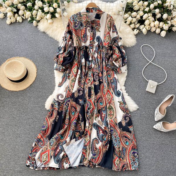 

casual dresses women's t-shirt retro design with maxi print dress loose collar open a-line boho buttons casual fall long for vacation f, Black;gray