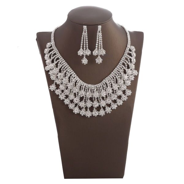 

jewelry set high grade bride necklace fashion chain alloy rhinestone multi-layer flower necklace earring set, Slivery;golden