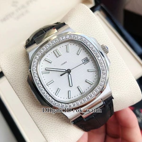 

diamond dezel 40mm 5711/1 miyota 8215 automatic mens watch white dial new gents sport watches black leather strap 5 colors, Slivery;brown