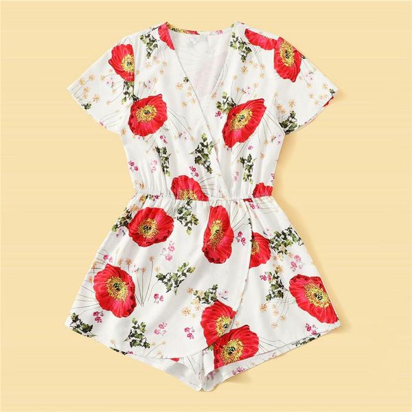 

summer womens boho floral print platysuits new ladies short sleeve v neck shorts jumpsuits holiday beach playsuit 2021 femme, Black;white