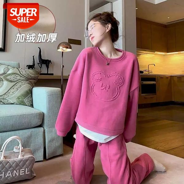 

new autumn apring two pieces suit women preppy style loose long sleeves solid velvet sweatshirts and wide leg pants women sets #5g1p, Black;white