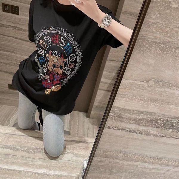 

2021 hearts/chrome tracksuits short lovely sleeve spring t-shirt simple female new year benming cow loose texture color diamond top, Gray