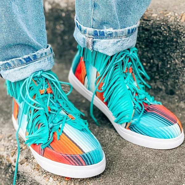

boots tassel rainbow multicolor ankle women lace up casual flat high shoes ladies 2021 fashion autumn sneakers q30, Black
