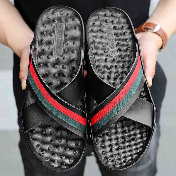 

official website 70% off outlet new fashion summer designer men's slippers stpiped leather beach sandals men casual shoes flip flops bi, Black
