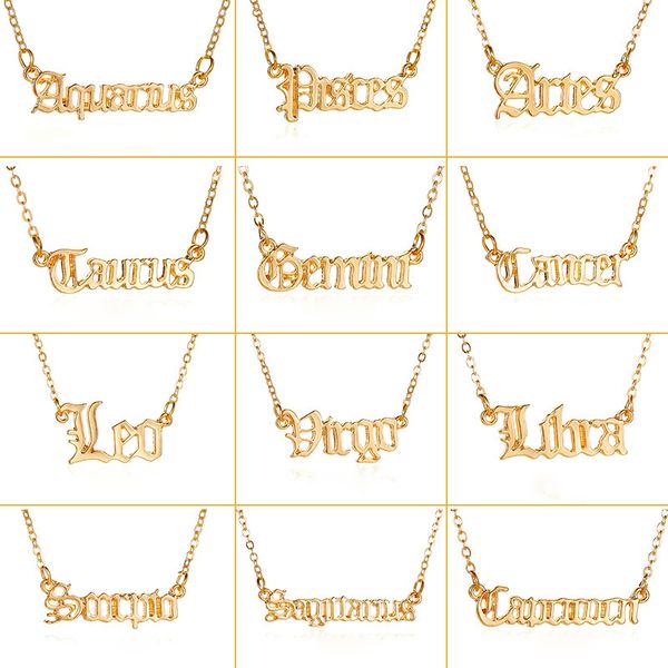 Zwölf Konstellationen Halskette Vintage Gold Englischer Buchstabe Anhänger Lange Halsketten Modeaccessoires