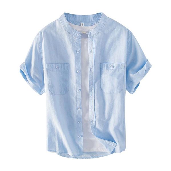 

men's casual shirts 2021 fresh double pocket cotton linen shirt summer short sleeve solid color stand collar, White;black