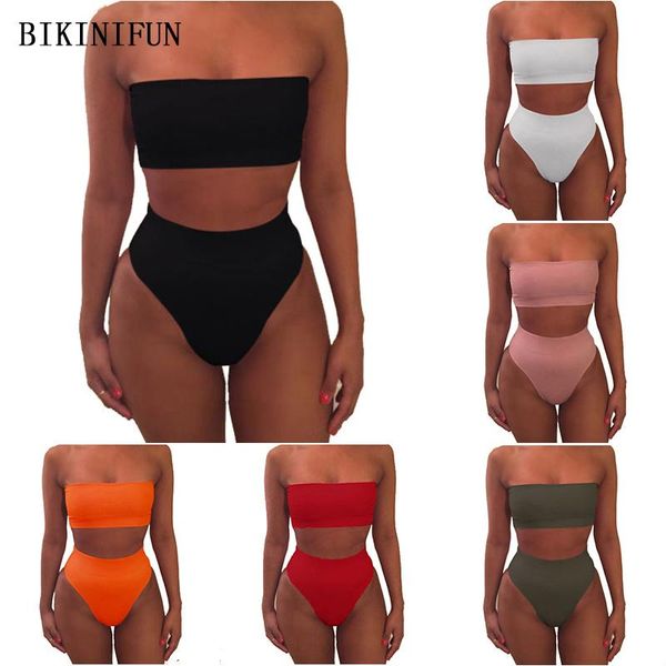 

bikinis set strapless bandeau bikini women swimsuit solid color bathing suit s-xl girl backless padded swimwear micro
