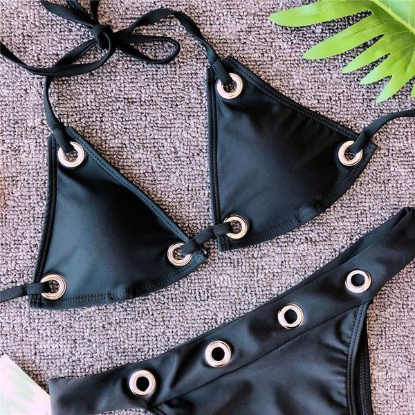 

bras sets solid hollow out hole bandage tie knot push up women beach bikini tankini monokini biquini swimsuit swimwear bathing suit, Red;black