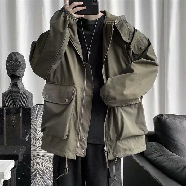 

2021 autumn and winter new youth popular loose solid color retro big pocket tooling hooded jacket fashion casual m-2xl, Black;brown