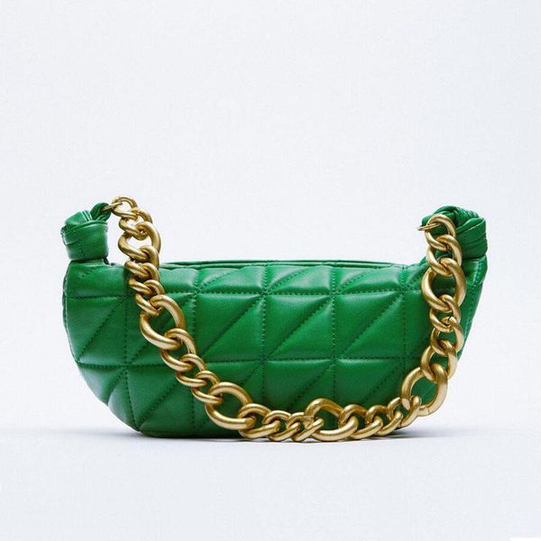 

evening bags leather quilted handbag 2021 women brand thick metal chain shoulder solid color green small half moon lady
