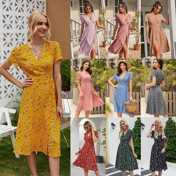 

2021 summer new fashion deep v neck short sleeve women's casual belt floral print ladies middle length w5bh, Black;gray