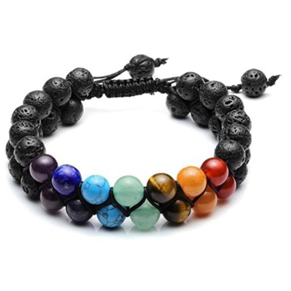 

beaded, strands yoga stone bead bracelet double seven chakra volcanic woven beaded birthday gift, Black