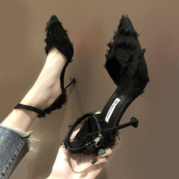 

2021 new high heels shoes women 8cm summer pointed shallow buckle stiletto party female heels design women's sandals beige, Black
