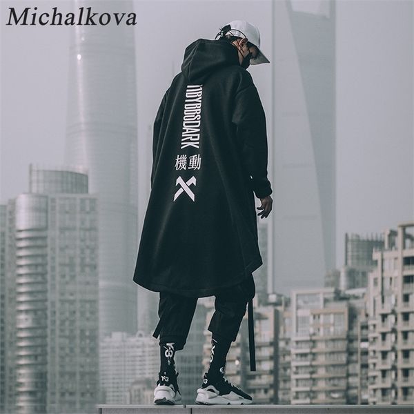 

michalkova japanese sweatshirt mens oversize hoodies long cloak hip hop gothic outwear streetwear coat harajuku style male 201127, Black