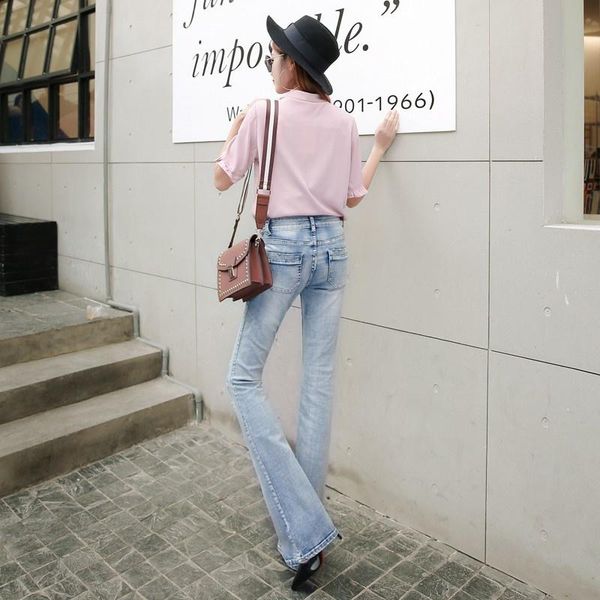 

women's jeans vintage women denim high waist flare pants skinny buttons washed office ladies slim fit bell-bottomed long trousers, Blue