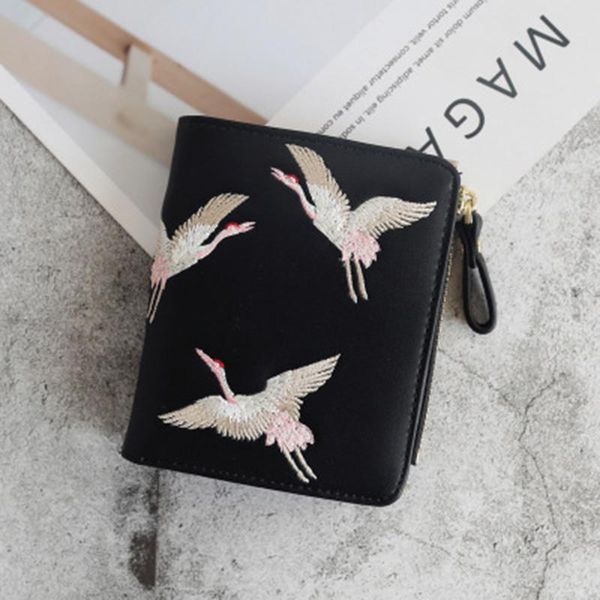 

wallets selling women leather wallet purses female cranes embroidered short coin zipper purse cards holder -b5, Red;black