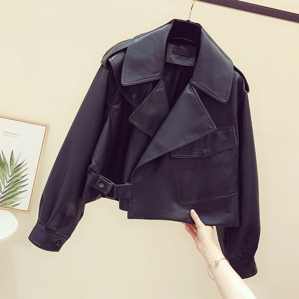 

2021 new spring women short pu jacket moto biker oversized turndown collar black coat vogue lady faux leather outwear 5179