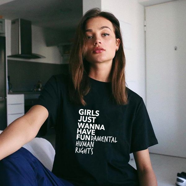 

girls just wanna have fundamental human rights print feminist t shirt women short sleeve summer o-neck tees camisetas mujer c0220, White