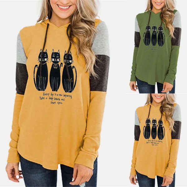 

women's hoodies & sweatshirts women fashion 2021 designer sweatshirt cat print hoodie drawstring long sleeves loose blouse suÃ©ter, Black