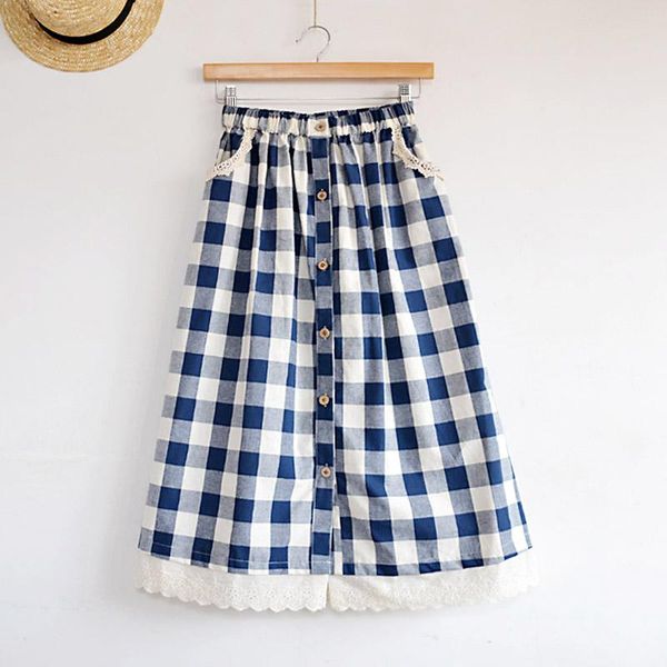 

skirts japanese style mori girl long midi skirt women kawaii lace patchwork a-line button plaid high waist jupe femme, Black