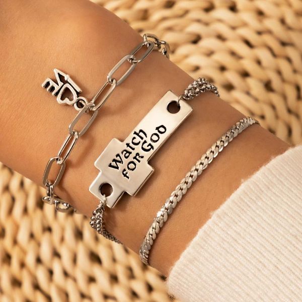 

charm bracelets charms geometric chain 3pcs/set sets for women letter silver color alloy metal love adjustable jewelry accessories, Golden;silver