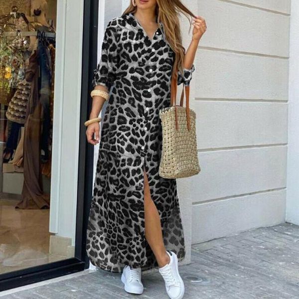 

casual dresses fashion women long sleeve shirt dress autumn womens loose turndown collar button party split vestidos#g3, Black;gray