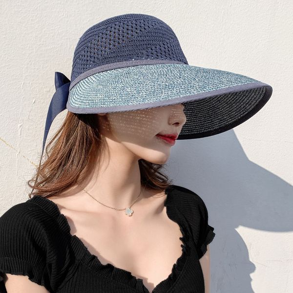 

new arrival women ladies summer large wide brim sun hat foldable roll up bowknot decor beach visor cap outdoor travel cap, Blue;gray