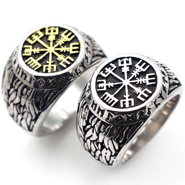 

cluster rings asjerlya 316l stainless steel viking ring custom rune beads signet wolf scandinavian odin symbol fashion men jewelry, Golden;silver