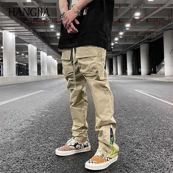 

streetwear patchwork cashew flower print cargo pants men women hip hop functional pocket side zipper cargo trouser black khaki 211119