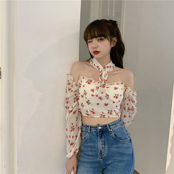 

new 2021 sweet girls off shoulder lanter sleeve cropped blouses women's floral print blouse crop for female j8ov, White