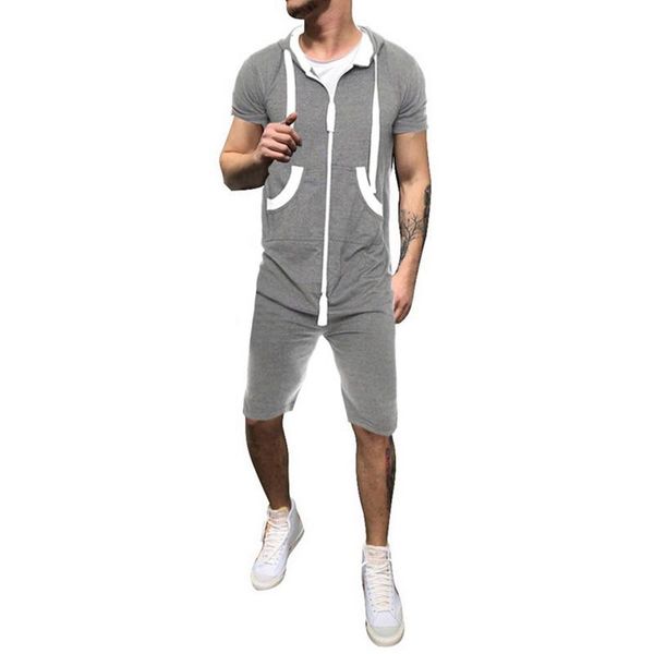 

2021 new summer men's casual short-sleeved zipper suit hooded sports jumpsuit with pockets fashion rompers one piece clothing, Gray