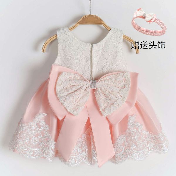 

premium 70% off selling baby princess dress bow one year old lace color matching baby dress, White