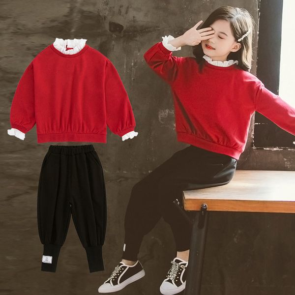 

2021 new fashionable define red long sleeve ruffle harem suit teenage girls clothes age 6-8-12 baj7, White