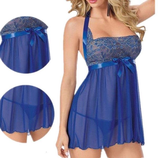

women lingerie blue lace see through nightdress sleeveless slash-neck nightgown +g-string sleepwear set plus size xxl, Black;red