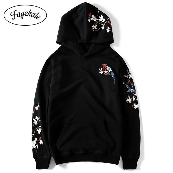 

winter new chinese style embroidery tide brand couple men's hooded pullover loose student plus velvet coat hoodie 201112, Black