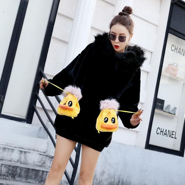 

women's hoodies & sweatshirts high street cartoon pockets fur collar hooded black color casual long style pullovers thick warm jumpes