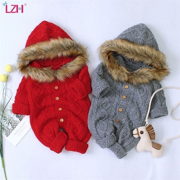 LZH infantil roupas inverno global bebê meninos meninas roupas com capuz malha jumpsuit recém-nascido roupas de natal bebê macacão 210315