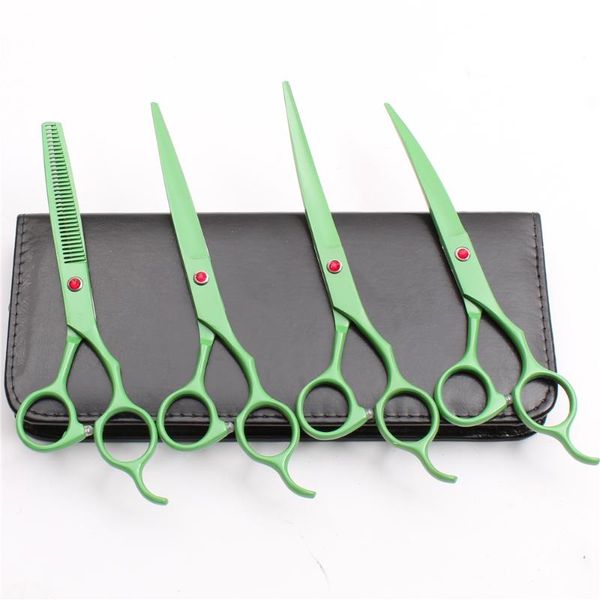 

hair scissors 4pcs suit 7" 19.5cm japan customized logo green pets grooming shears cutting+thinning scissors+up&down curved c3100