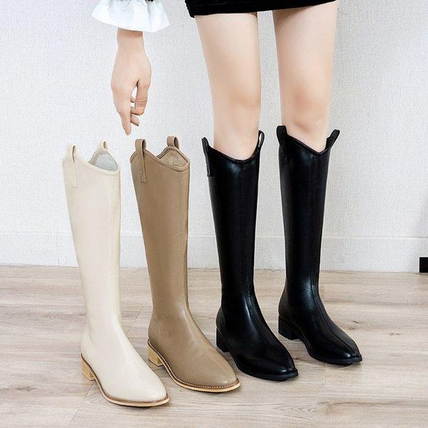 

boots women's autumn shoes boots-women round toe thigh high heels zipper winter footwear leather ladies 2021 rub, Black