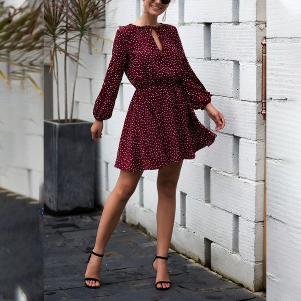 

bow polka dot autumn winter women dress sleeve waist a-line ad3f, Black;gray