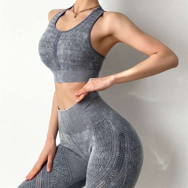 

ins tie dyed suit hollowed out fitness quick drying running vest gathered shockproof yoga bra, Gray