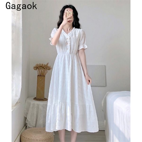 

women dress summer puff sleeve edible tree fungus sweet solid midi dresses korean elegnat chic wild vestidos 210531, Black;gray