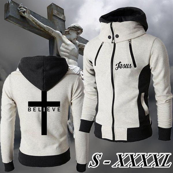 

men's hoodies & sweatshirts 2021 men's i believe jesus logo high collar winter jacket casual christ zipper hooded hoodie(3 colors), Black